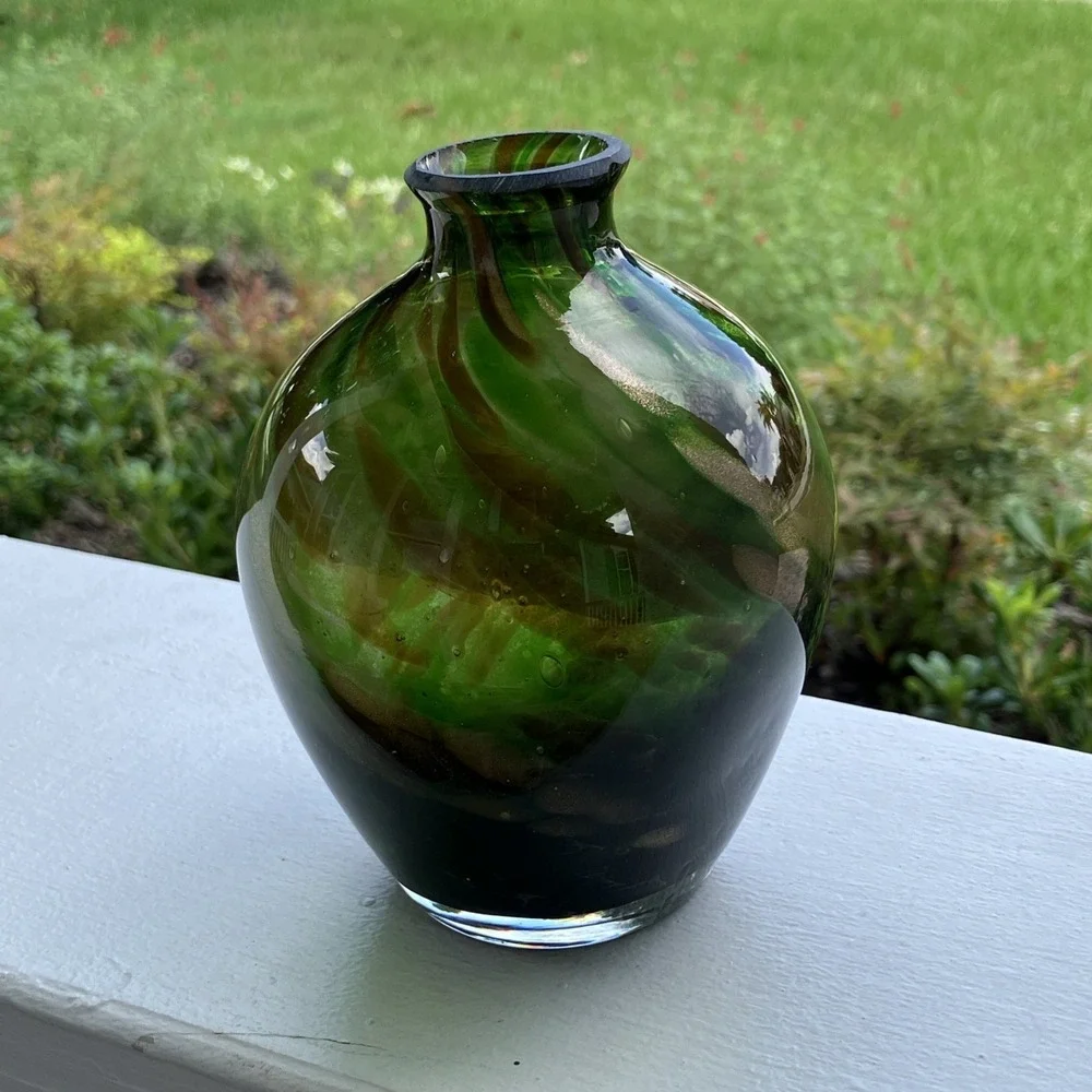 Green Art Glass Vase With Sparkly Bronze Swirls 4.75